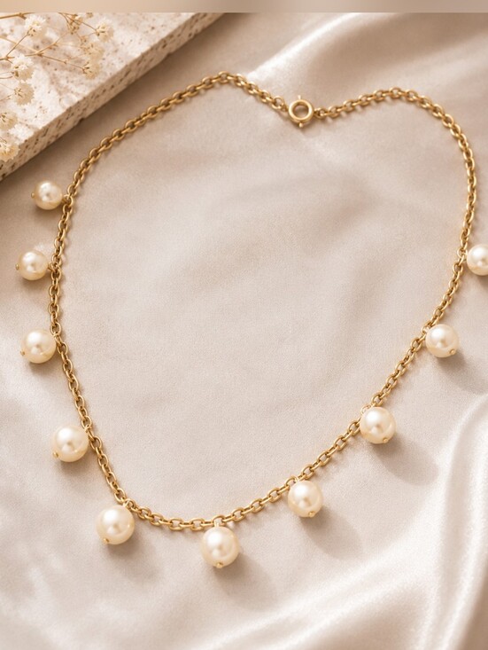 Jewelry - Gold Tone Faux Pearl Station Necklace 16" Dainty Minimalist Choker